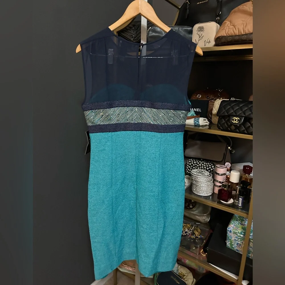 NWT Etcetera Bonita Aqua Navy Sheer Tweed Knee length Sheath Dress Size 8